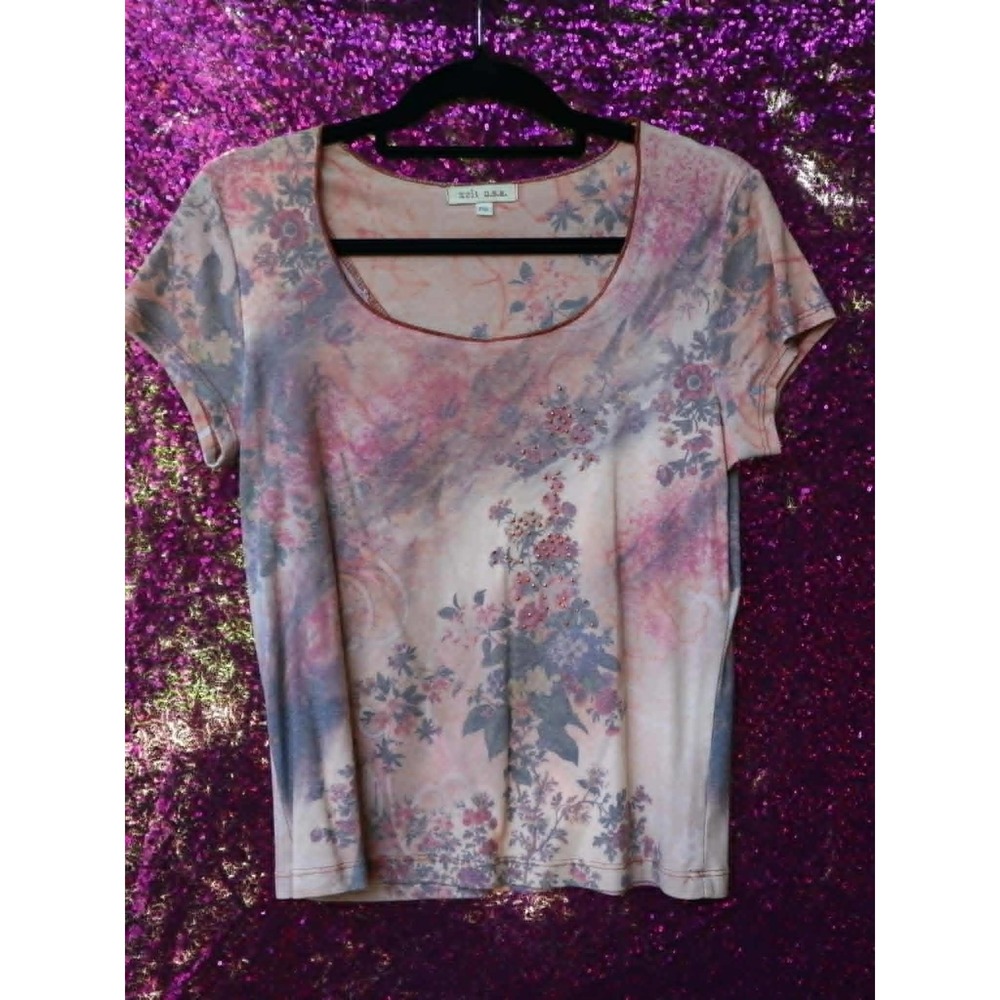 Pink Floral Beaded Short Sleeve Top PXL Xcit U.S.A. Women Embellished